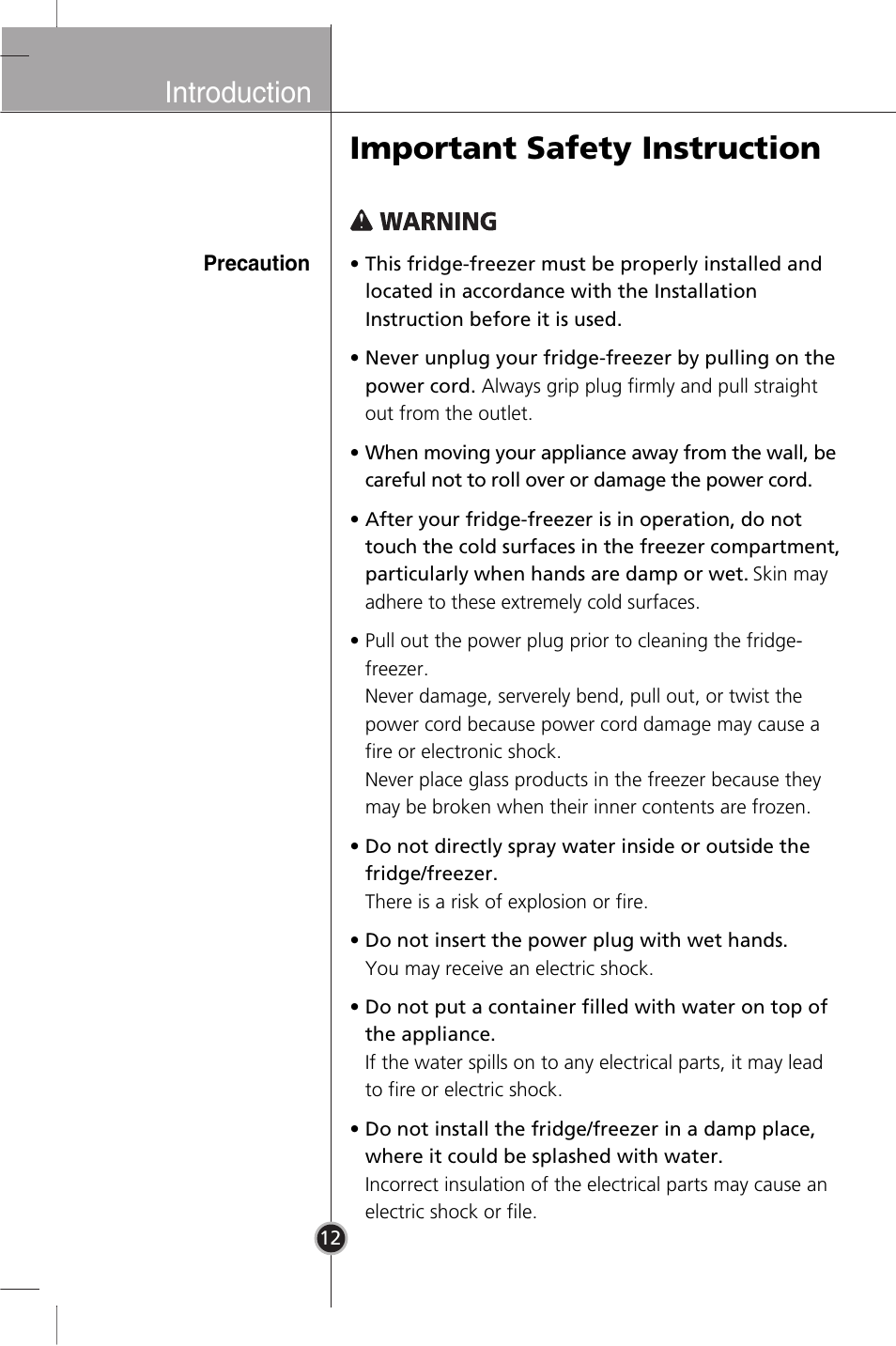 Important safety instruction, Introduction | LG GR-B409BLQA User Manual | Page 11 / 80