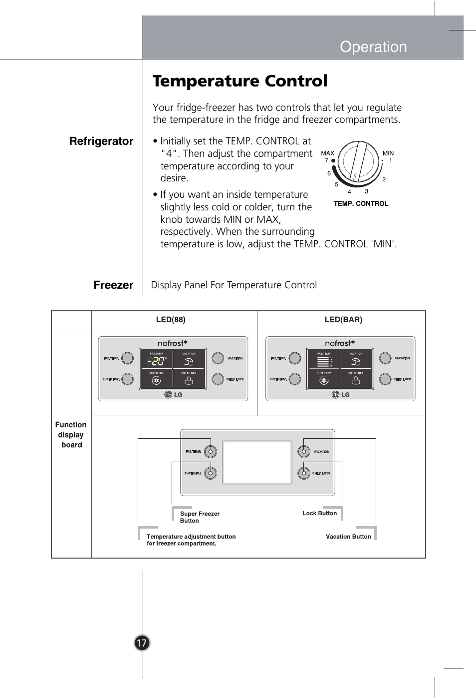 Temperature control, Operation, Refrigerator freezer | LG GR-B409BLQA User Manual | Page 16 / 80