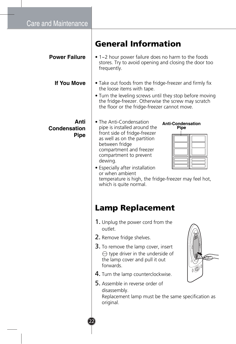 General information, Lamp replacement, Care and maintenance | LG GR-B409BLQA User Manual | Page 21 / 80