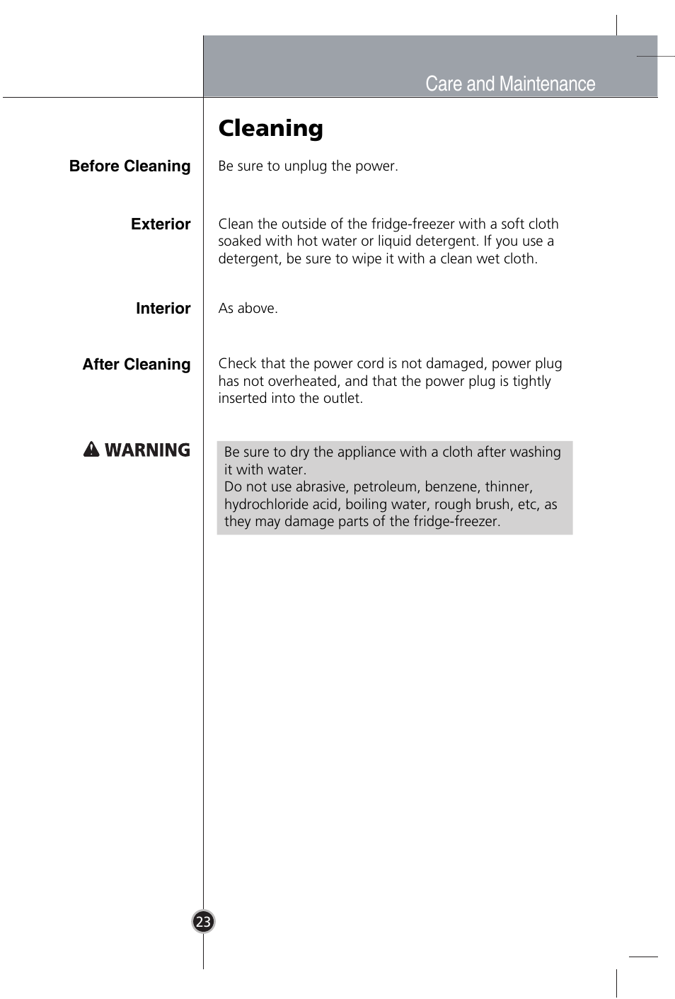 Cleaning, Care and maintenance | LG GR-B409BLQA User Manual | Page 22 / 80