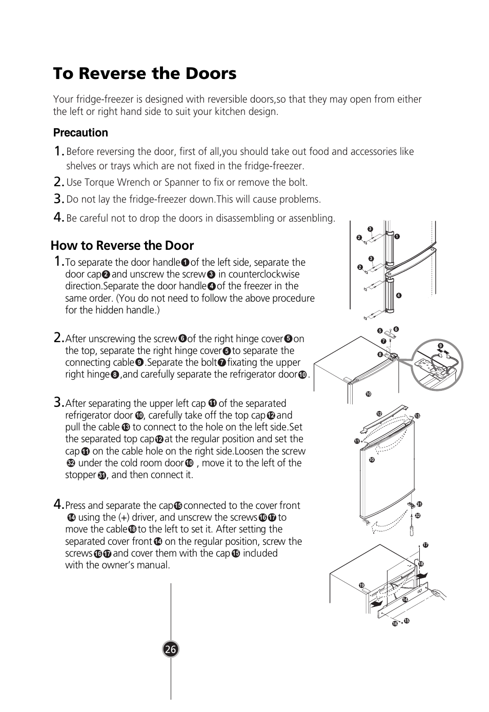 How to reverse the door, Precaution | LG GR-B409BLQA User Manual | Page 25 / 80