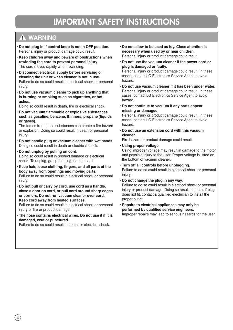 Important safety instructions, Warning | LG V-C9551WNT User Manual | Page 4 / 32