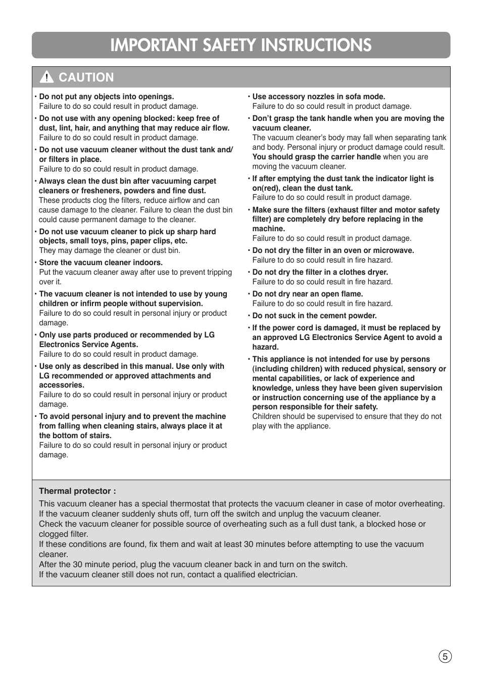 Important safety instructions, Caution | LG V-C9551WNT User Manual | Page 5 / 32