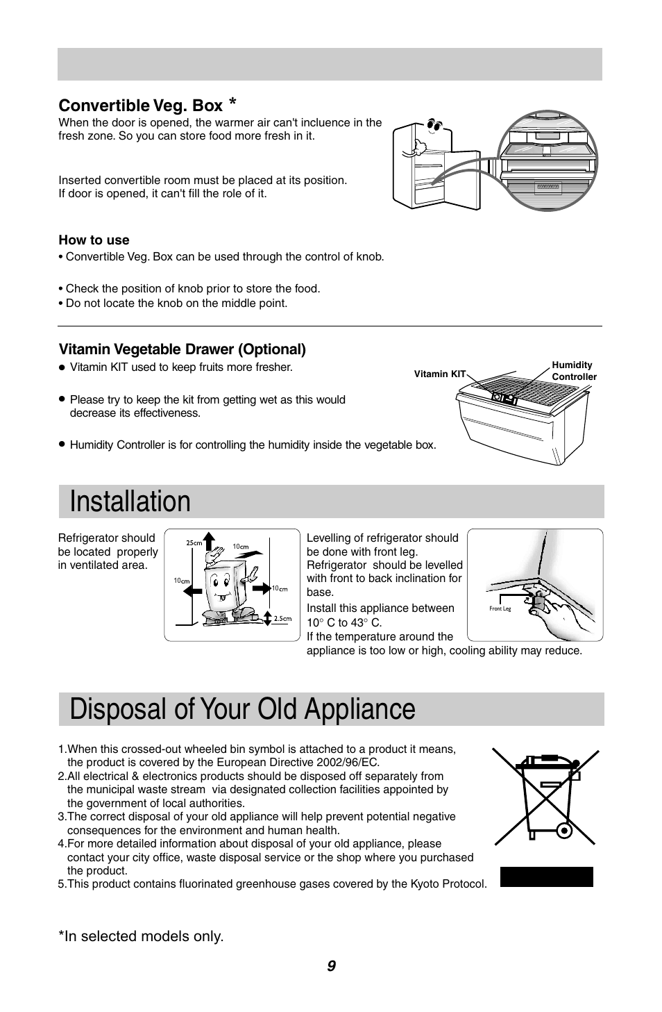 Installation, Disposal of your old appliance, Convertible veg. box | Vitamin vegetable drawer (optional) | LG GL-B342VM.ASWQCIS User Manual | Page 10 / 56