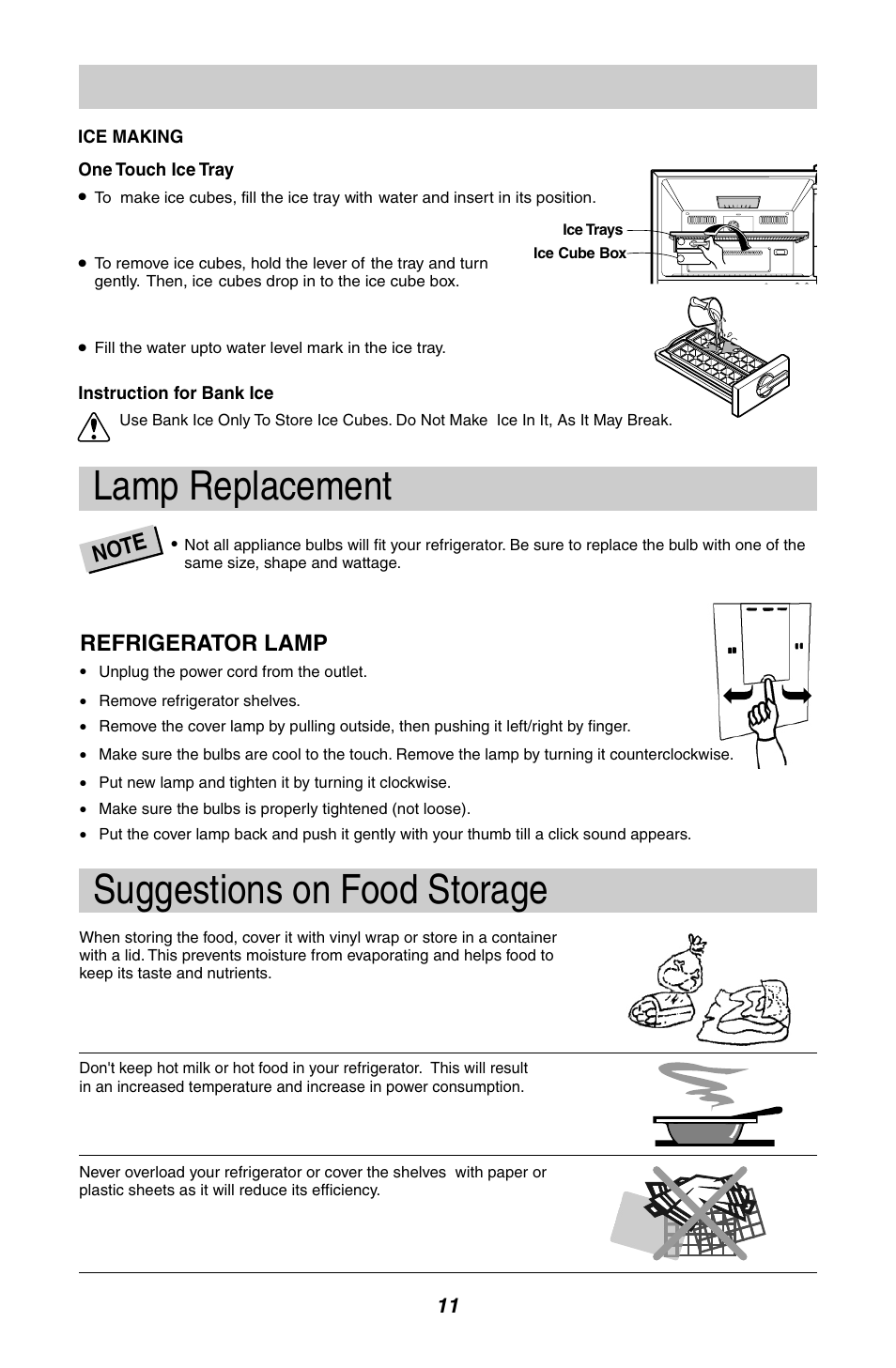 Lamp replacement, Suggestions on food storage, N t o e | Refrigerator lamp | LG GL-B342VM.ASWQCIS User Manual | Page 12 / 56