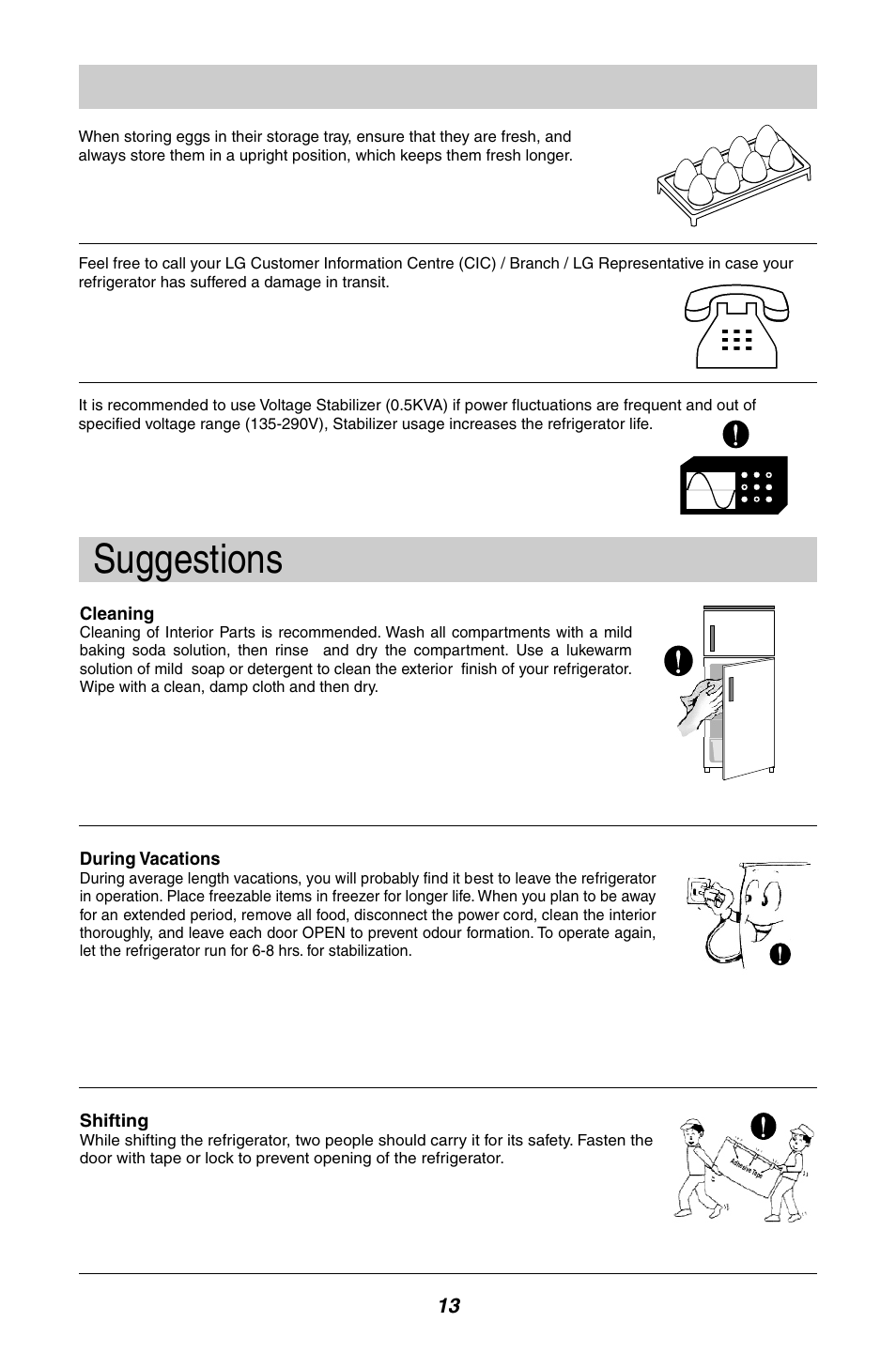 Suggestions, Cleaning, During vacations | Shifting | LG GL-B342VM.ASWQCIS User Manual | Page 14 / 56