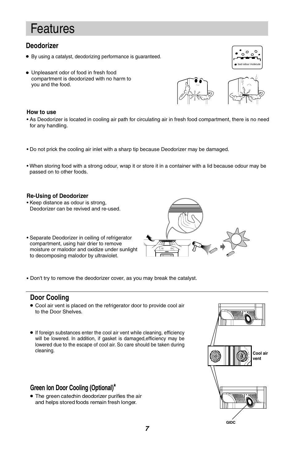 Features, Deodorizer, Door cooling | Green ion door cooling (optional) | LG GL-B342VM.ASWQCIS User Manual | Page 8 / 56