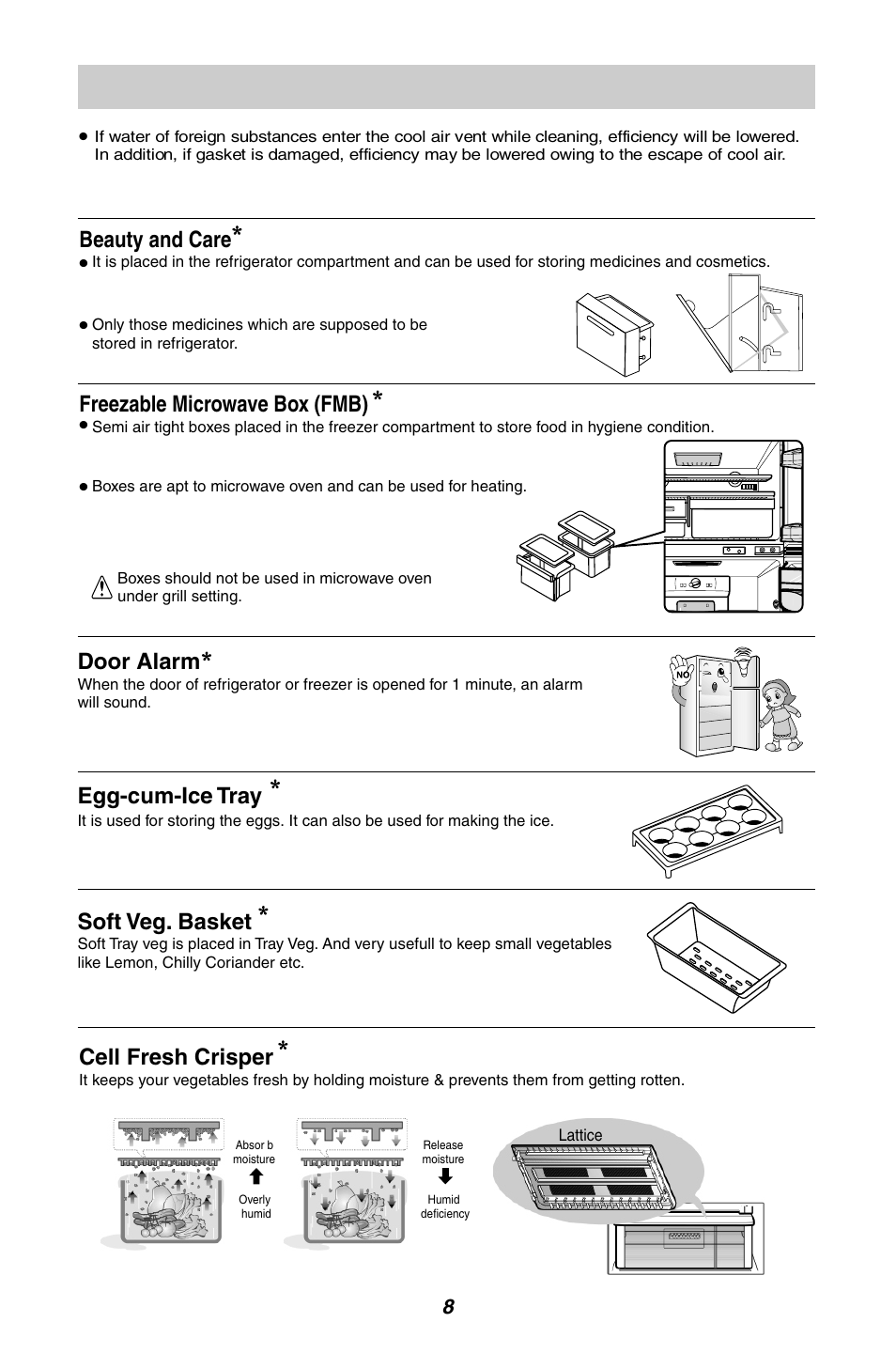 Beauty and care, Freezable microwave box (fmb), Door alarm | Egg-cum-ice tray, Soft veg. basket, Cell fresh crisper | LG GL-B342VM.ASWQCIS User Manual | Page 9 / 56