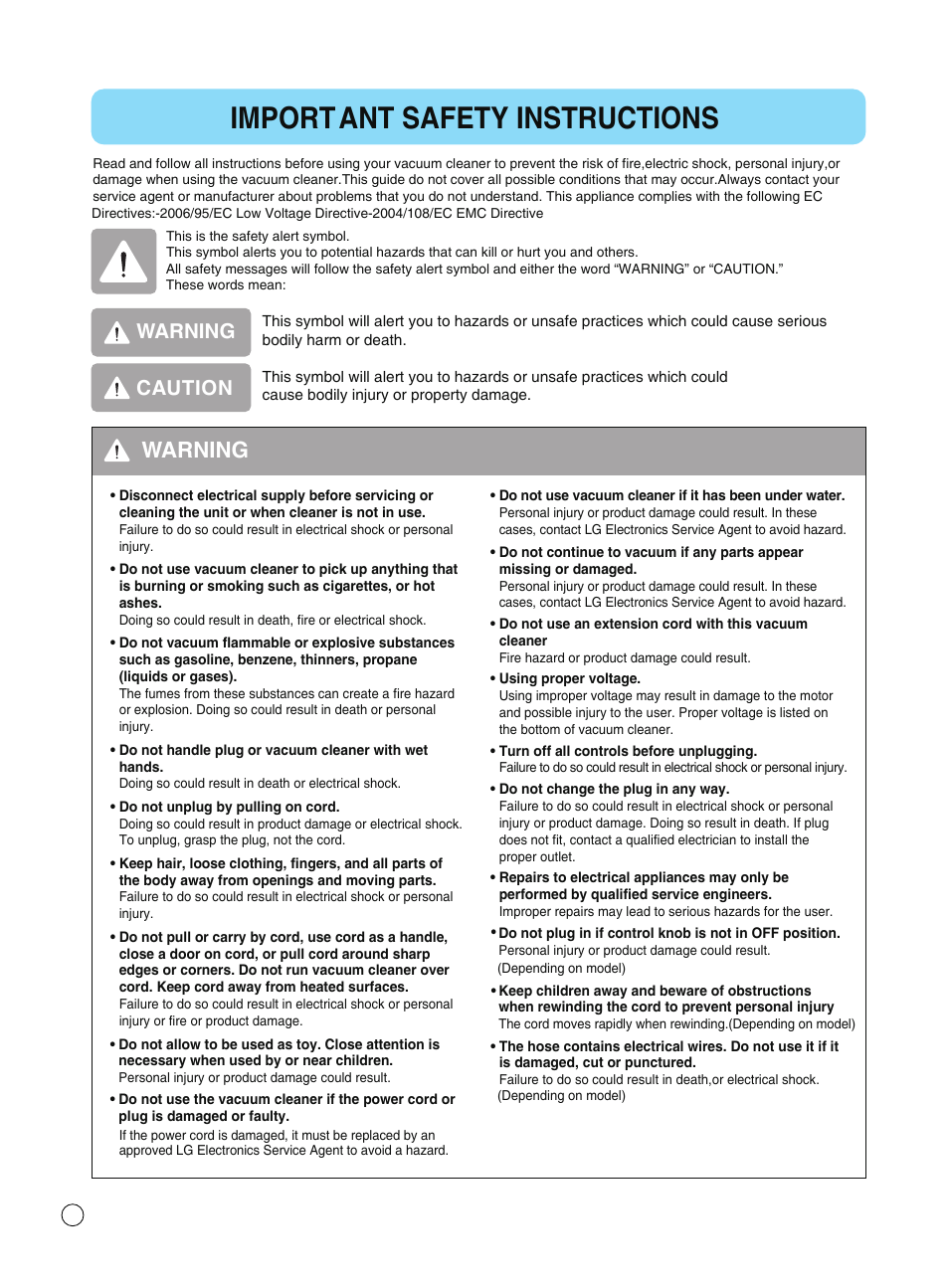 Important safety instructions, Warning, Caution | LG VC38159N User Manual | Page 5 / 25
