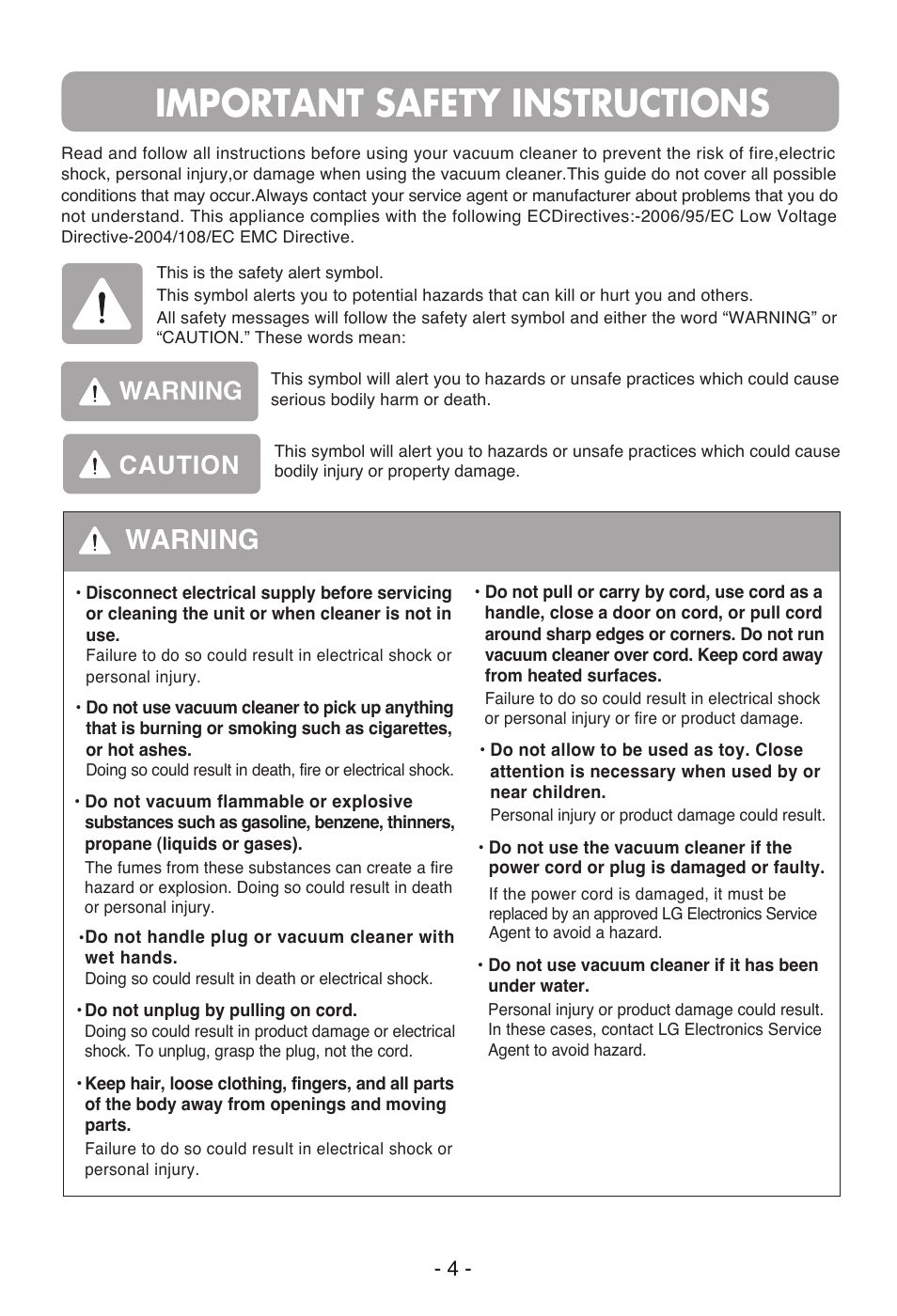 Important safety instructions, Warning, Warning caution | LG V-C5671HT User Manual | Page 5 / 29