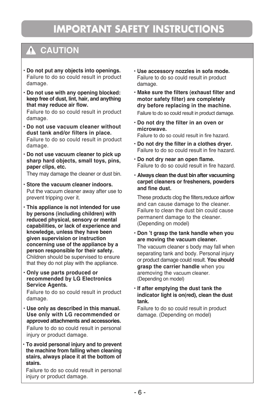Important safety instructions, Caution | LG V-C5671HT User Manual | Page 7 / 29