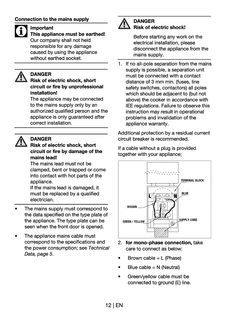 Connection to the mains supply, Danger | Beko OIM 22301 X User Manual | Page 12 / 75