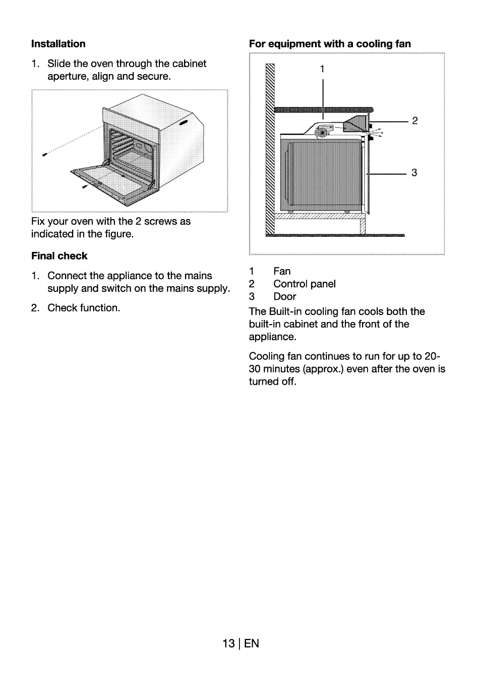Installation, For equipment with a cooiing fan, Final check | Beko OIM 22301 X User Manual | Page 13 / 75