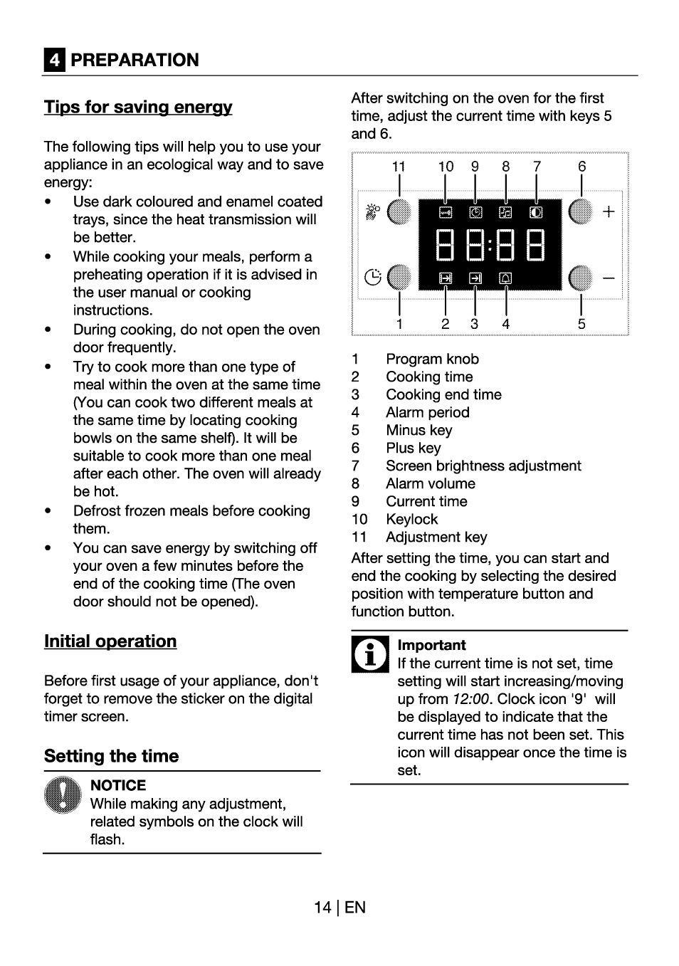 Tips for saving energy, Initial operation, Setting the time | Notice, Preparation | Beko OIM 22301 X User Manual | Page 14 / 75
