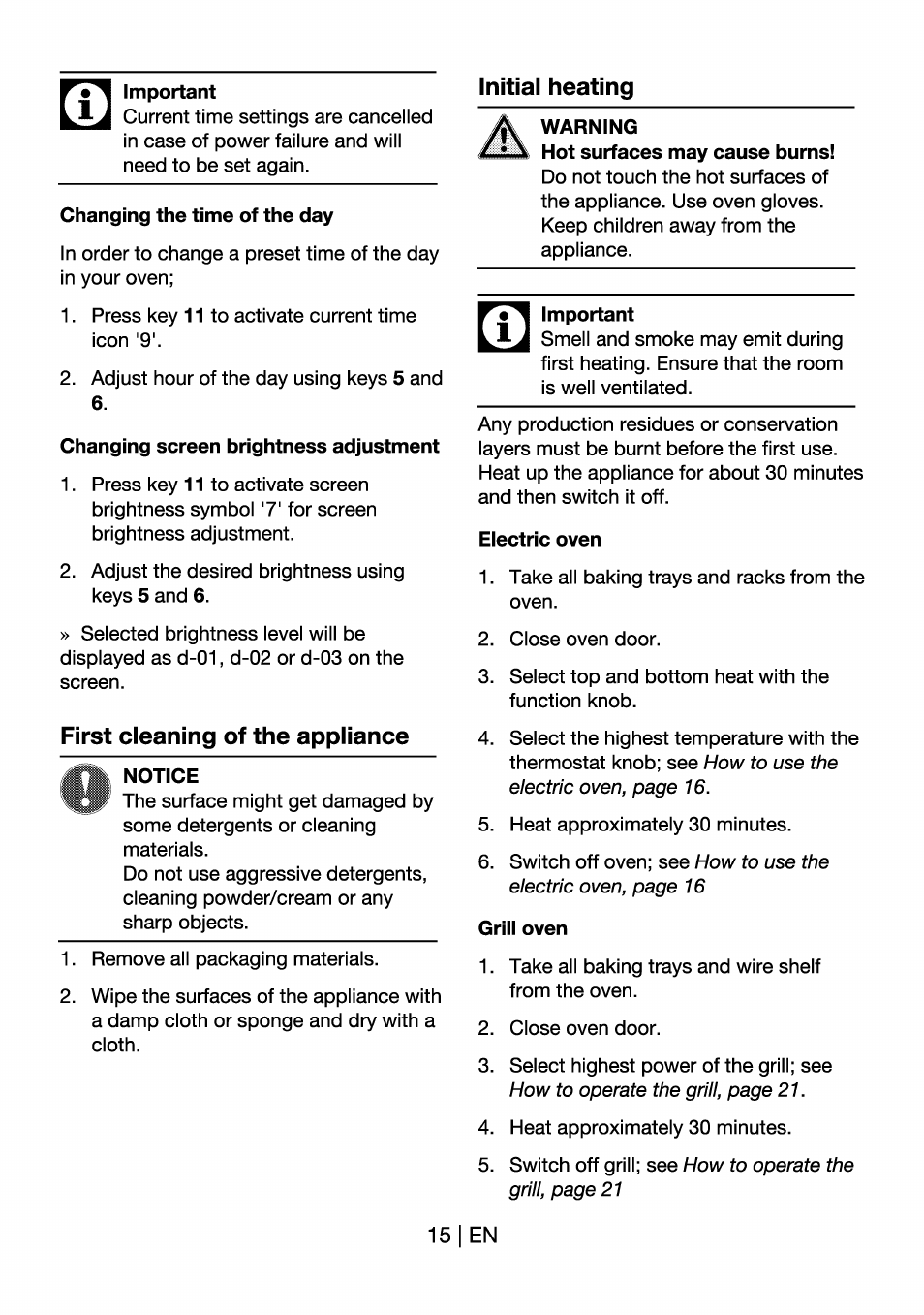 Initial heating, Changing the time of the day, Changing screen brightness adjustment | First cleaning of the appliance, Notice, Warning, Electric oven, Grill oven | Beko OIM 22301 X User Manual | Page 15 / 75
