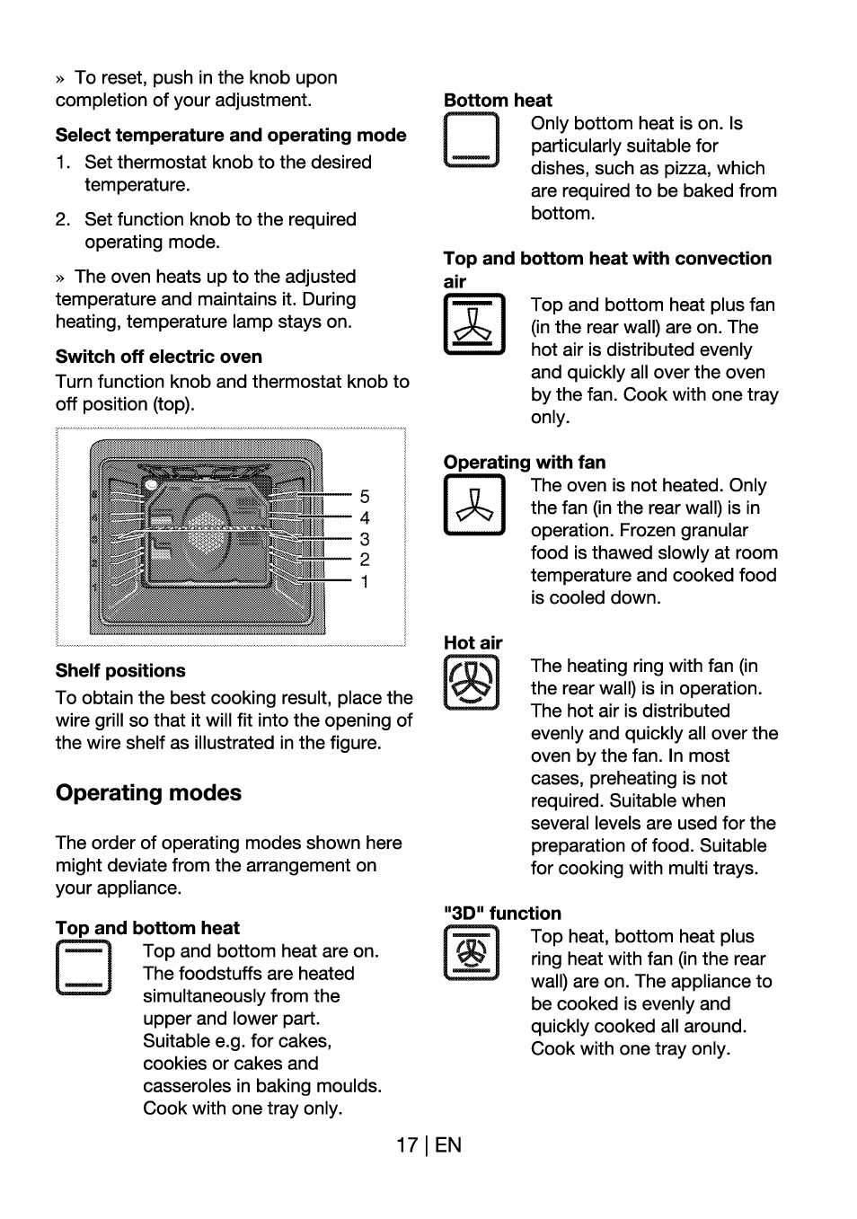Select temperature and operating mode, Switch off electric oven, Bottom heat | Top and bottom heat with convection air, Operating with fan, Hot air, Shelf positions, Operating modes, Top and bottom heat, 3d" function | Beko OIM 22301 X User Manual | Page 17 / 75