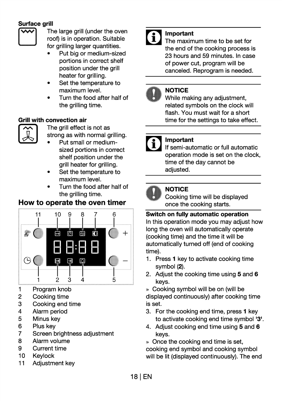 Grill with convection air, How to operate the oven timer, Notice | Important | Beko OIM 22301 X User Manual | Page 18 / 75