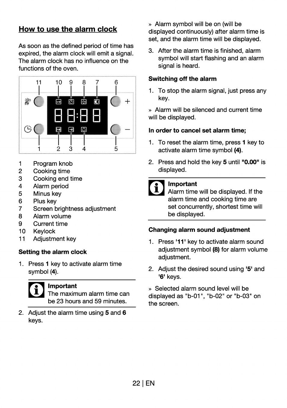 How to use the alarm clock, Setting the alarm clock, Switching off the aiarm | In order to cancel set alarm time, Important, Changing alarm sound adjustment | Beko OIM 22301 X User Manual | Page 22 / 75