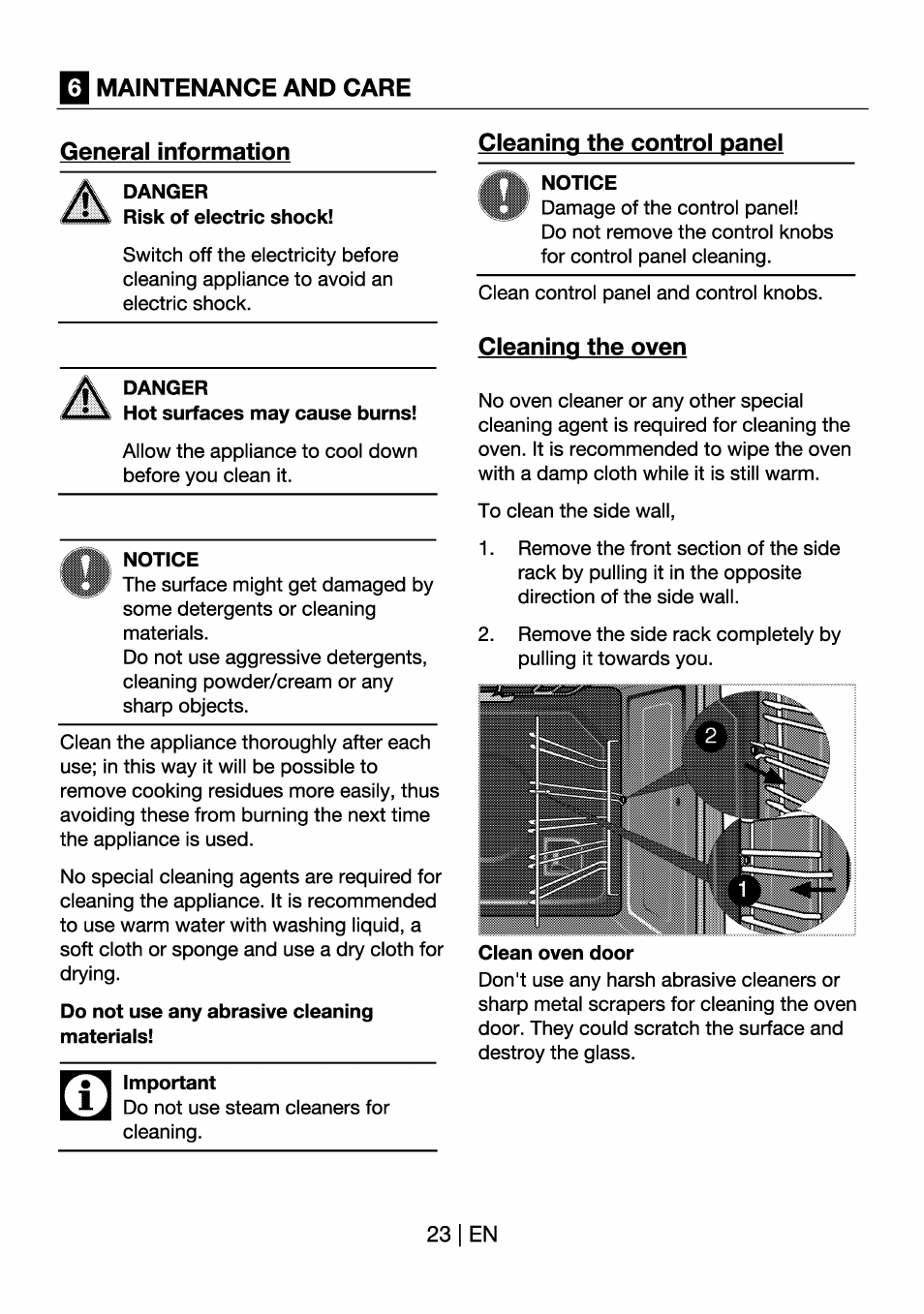 Maintenance and care, General information, Danger | Notice, Do not use any abrasive cleaning materials, Important, Cleaning the control panel, Cleaning the oven, 3 maintenance and care | Beko OIM 22301 X User Manual | Page 23 / 75