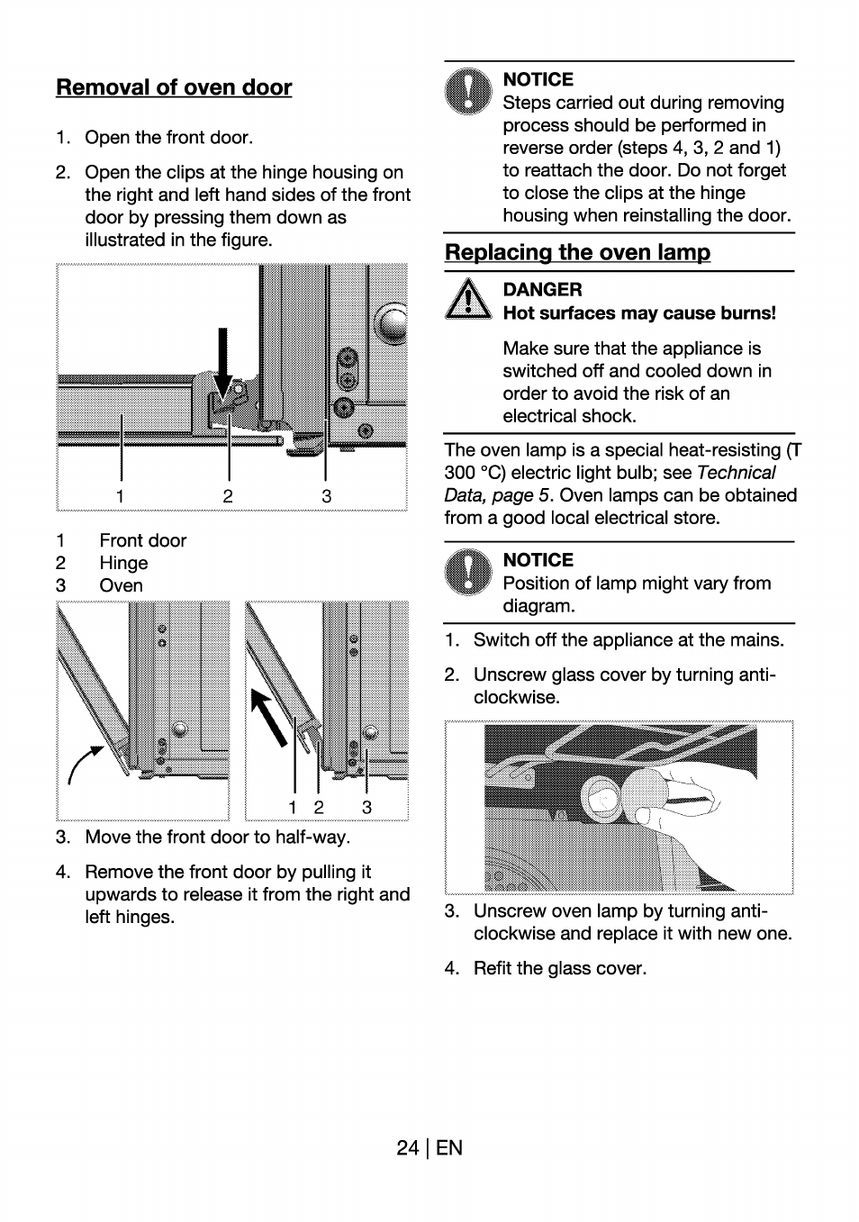Removal of oven door, Notice, Replacing the oven lamp | Danger | Beko OIM 22301 X User Manual | Page 24 / 75