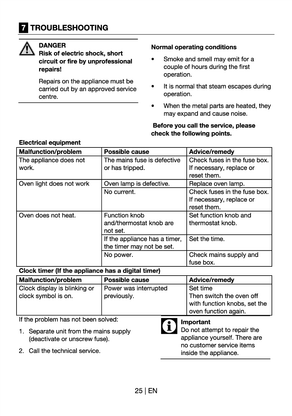 Troubleshooting, Danger, Normal operating conditions | Before you call the service, please, Important, 3 troubleshooting | Beko OIM 22301 X User Manual | Page 25 / 75