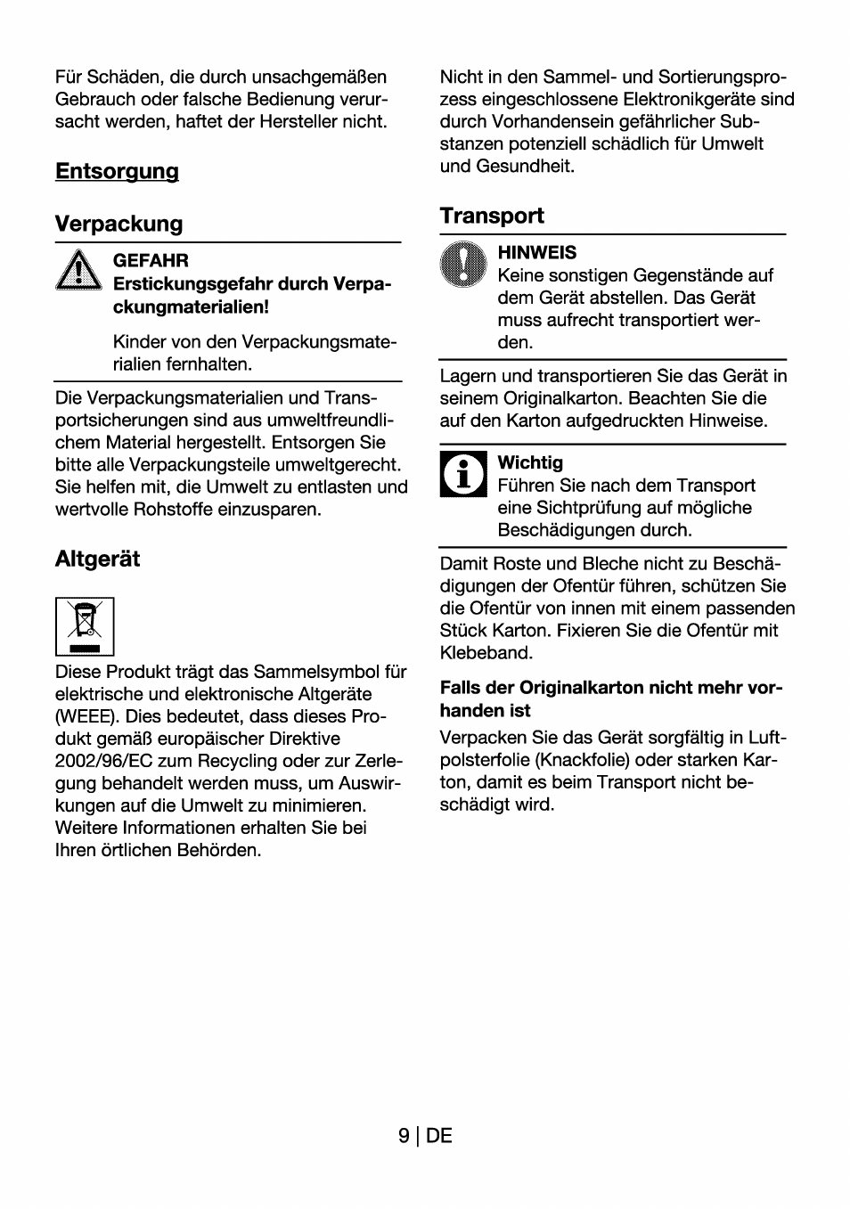 Entsorgung, Verpackung, Gefahr | Altgerät, Transport, Hinweis, Wichtig, Falls der originalkarton nicht mehr vorhanden ist | Beko OIM 22301 X User Manual | Page 33 / 75