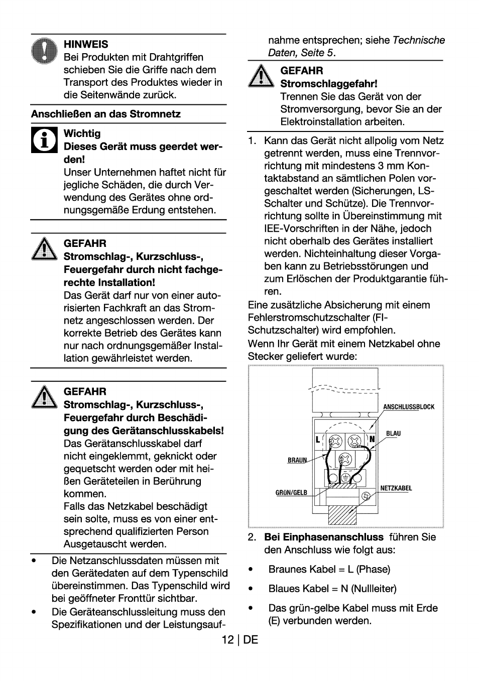 Hinweis, Anschließen an das stromnetz, 1j dieses gerät muss geerdet werden | Gefahr | Beko OIM 22301 X User Manual | Page 36 / 75