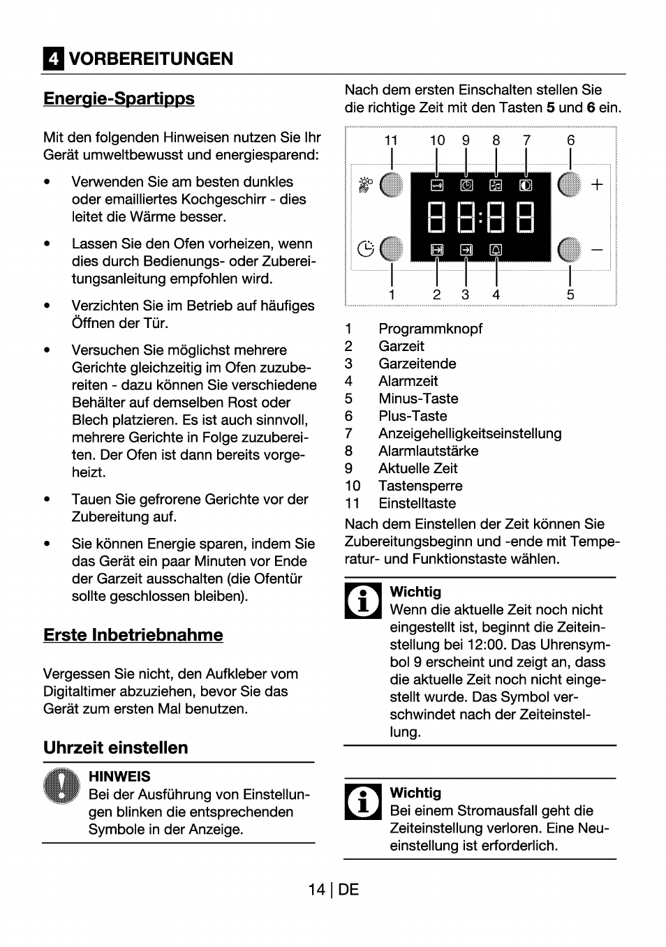 Vorbereitungen, Enerqie-spartipps, Erste inbetriebnahme | Uhrzeit einstellen, Hinweis, Wichtig, Energie-spartipps | Beko OIM 22301 X User Manual | Page 38 / 75