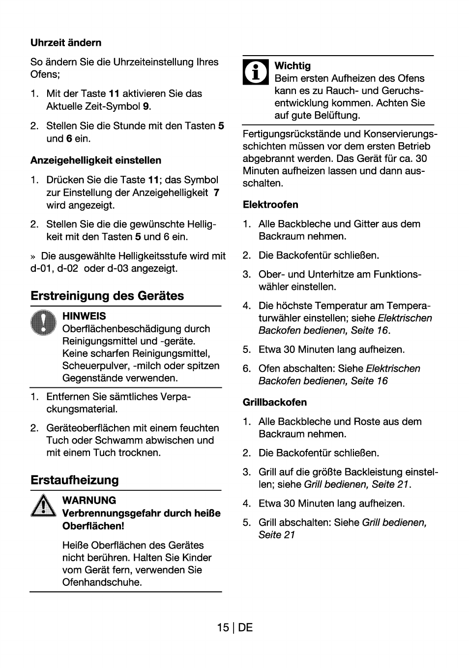 Uhrzeit ändern, Anzeigehelligkeit einstellen, Erstreinigung des gerätes | Hinweis, Erstaufheizung, Warnung, Wichtig, Eiektroofen, Griiibackofen | Beko OIM 22301 X User Manual | Page 39 / 75