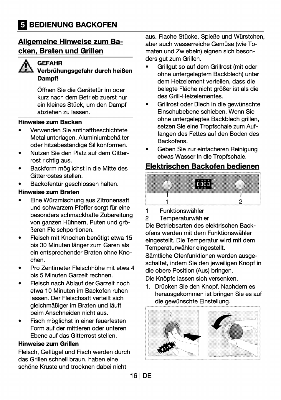 Bedienung backofen, Allgemeine hinweise zum backen, braten und grillen, Gefahr | Elektrischen backofen bedienen, Allgemeine hinweise zum backen, braten, Und grillen | Beko OIM 22301 X User Manual | Page 40 / 75