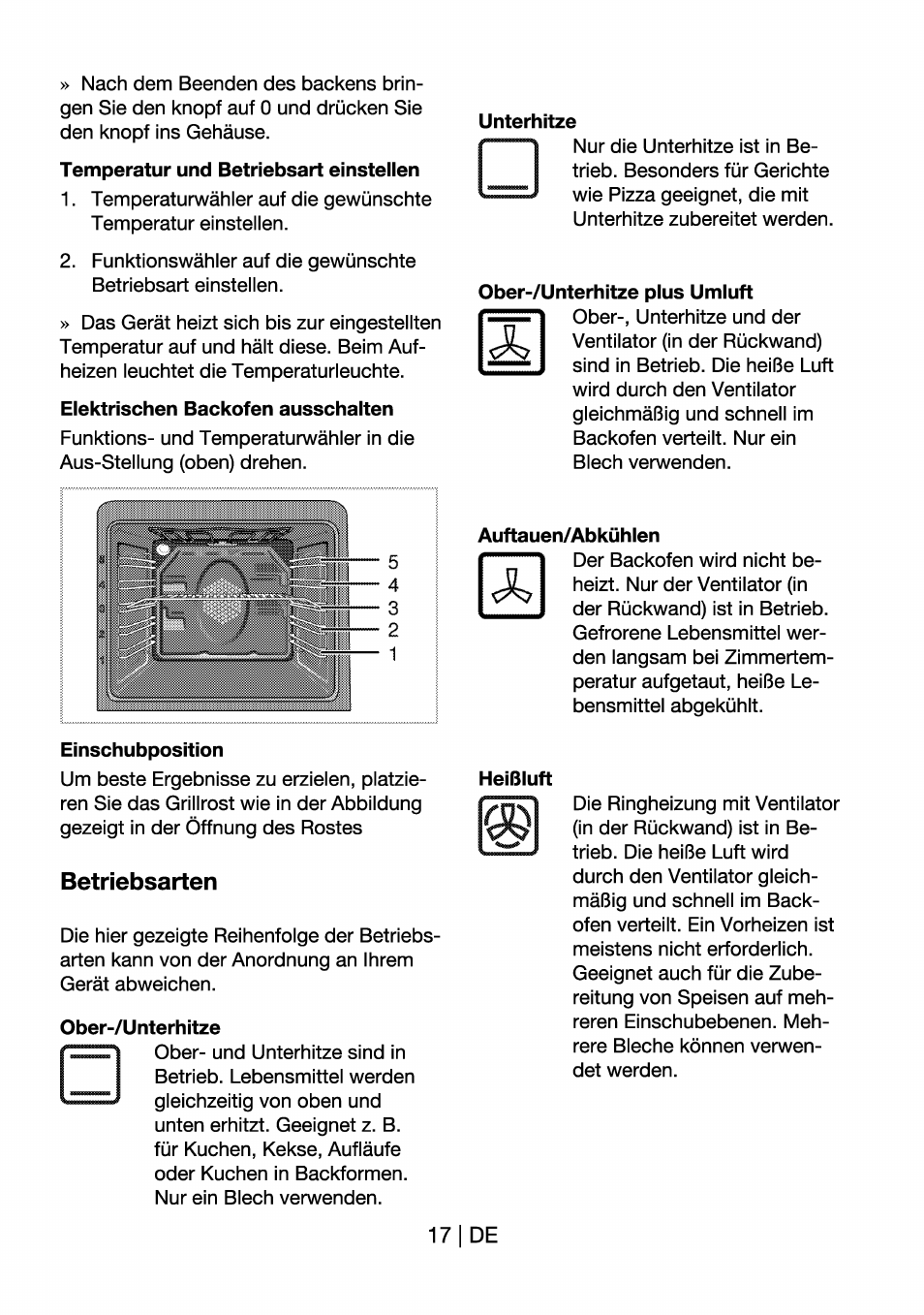 Temperatur und betriebsart einstellen, Elektrischen backofen ausschalten, Unterhitze | Einschubposition, Betriebsarten, Ober-/unterhitze, Ober-/unterhitze plus umluft, Auftauen/abkühlen | Beko OIM 22301 X User Manual | Page 41 / 75