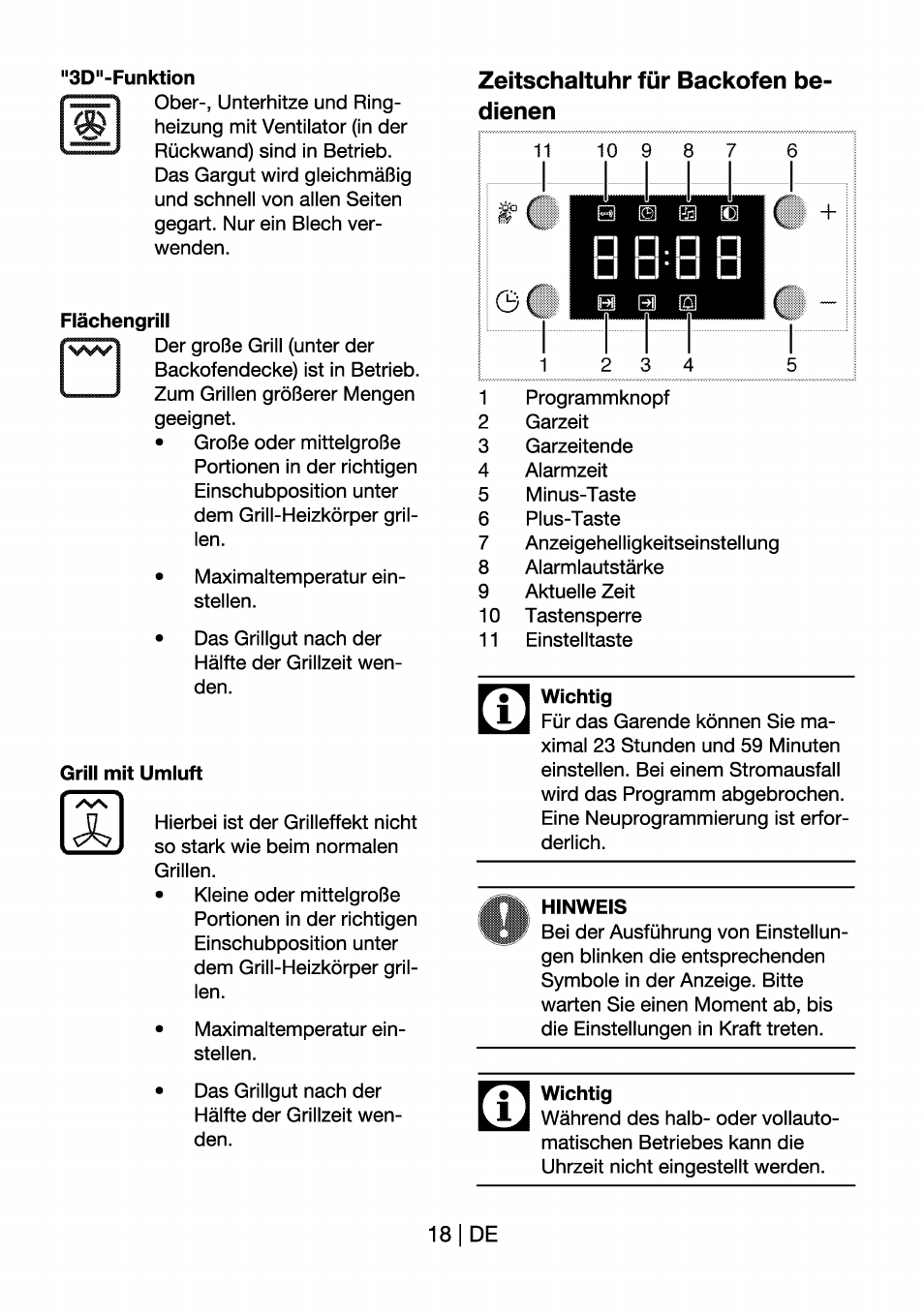 3d"-funktion, Flächengrill, Grill mit umluft | Zeitschaltuhr für backofen bedienen, Wichtig, Hinweis | Beko OIM 22301 X User Manual | Page 42 / 75
