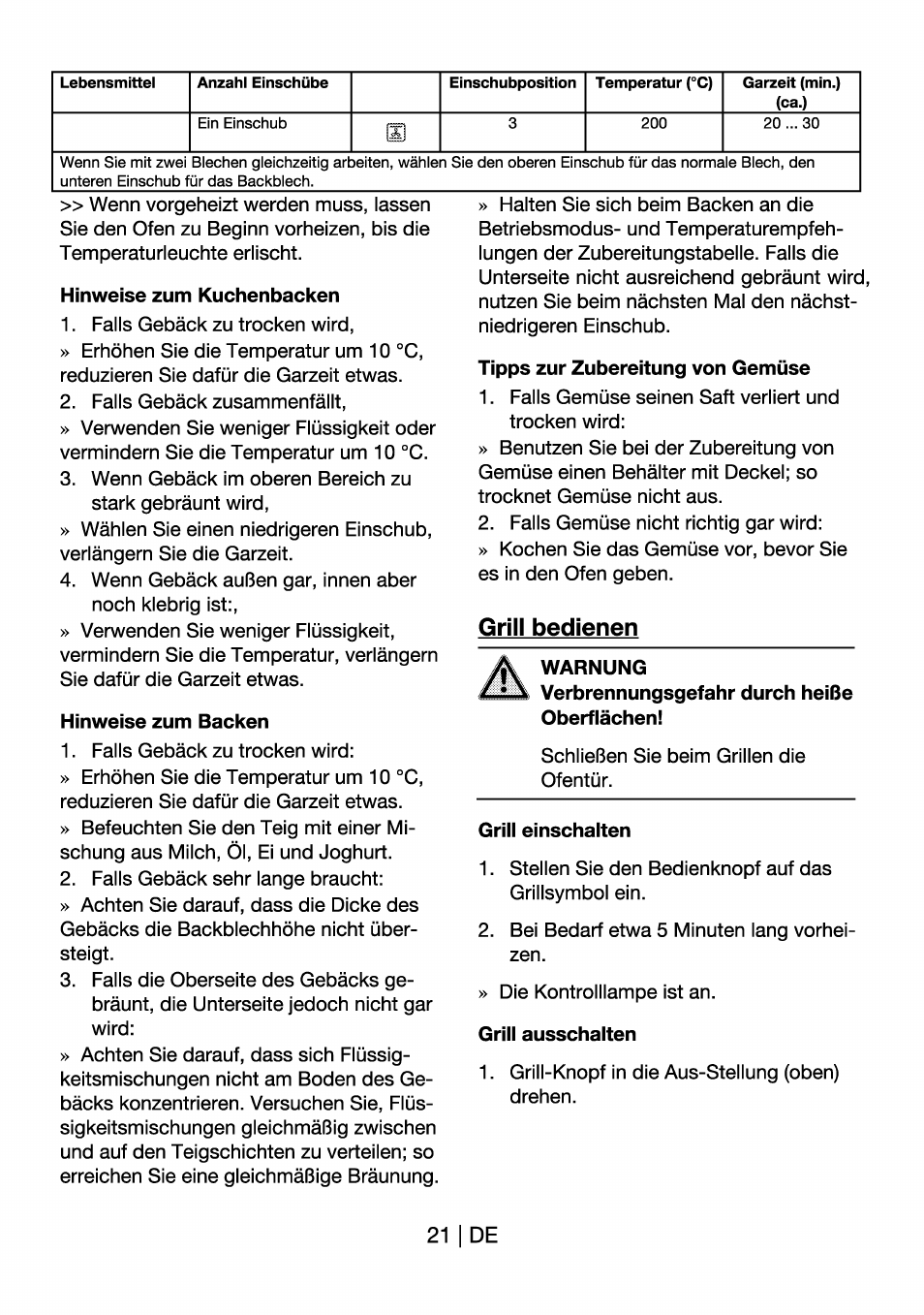 Hinweise zum kuchenbacken, Hinweise zum backen, Tipps zur zubereitung von gemüse | Grill bedienen, Warnung, Grill einschalten, Grill ausschalten | Beko OIM 22301 X User Manual | Page 45 / 75