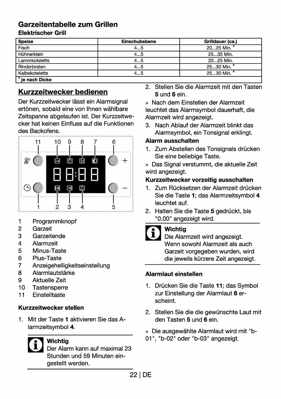 Garzeitentabelle zum grillen, Kurzzeitwecker bedienen, Kurzzeitwecker stellen | Wichtig, Alarmlaut elnstellen | Beko OIM 22301 X User Manual | Page 46 / 75