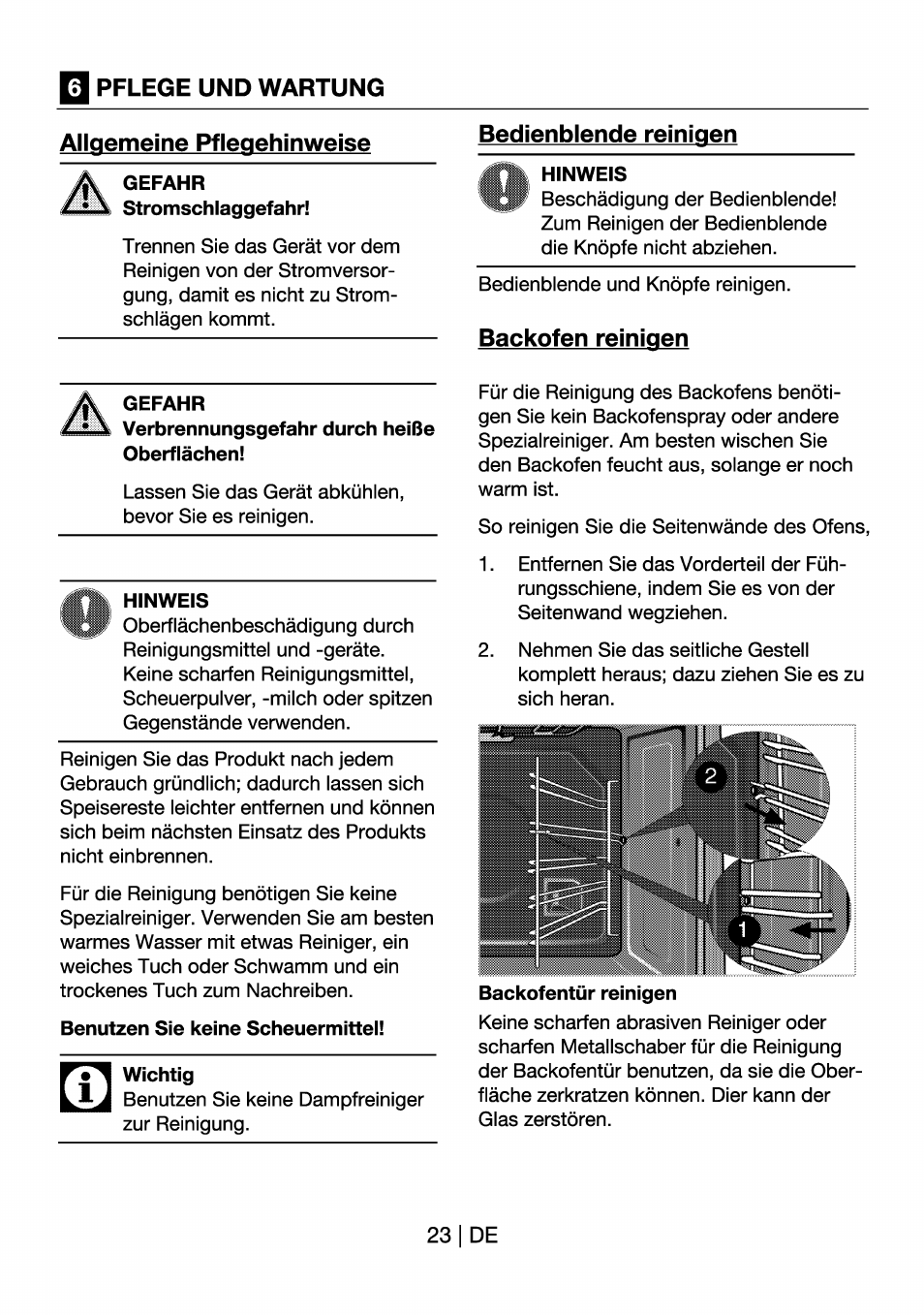 Pflege und wartung, Allgemeine pfleqehinweise, Gefahr | Bedienblende reinigen, Hinweis, Backofen reinigen, Benutzen sie keine scheuermittei, Wichtig, Backofentür reinigen | Beko OIM 22301 X User Manual | Page 47 / 75