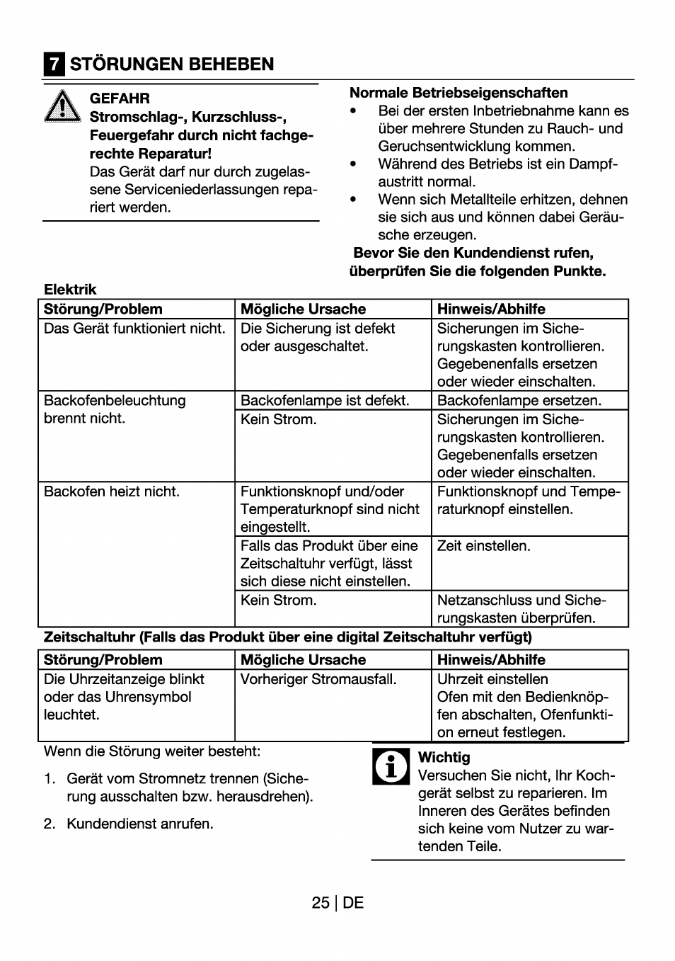 Storungen beheben, Gefahr, Normale betriebseigenschaften | Wichtig | Beko OIM 22301 X User Manual | Page 49 / 75