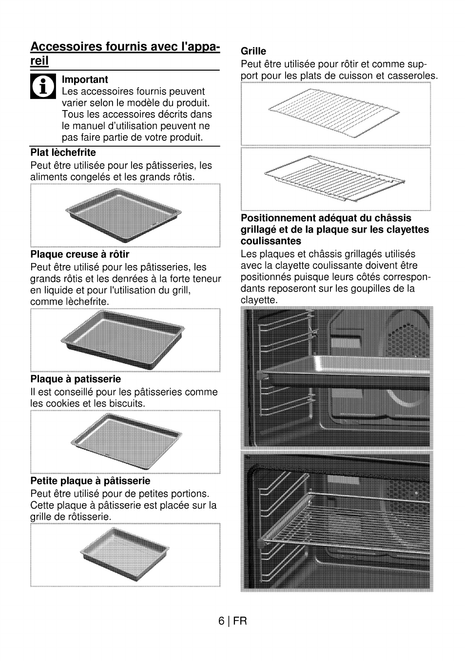 Accessoires fournis avec tappa- reil, Important, Plat lèchefrite | Plaque creuse à rôtir, Petite plaque à pâtisserie, Grille, Accessoires fournis avec l'appareil, 6 ifr | Beko OIM 22301 X User Manual | Page 54 / 75