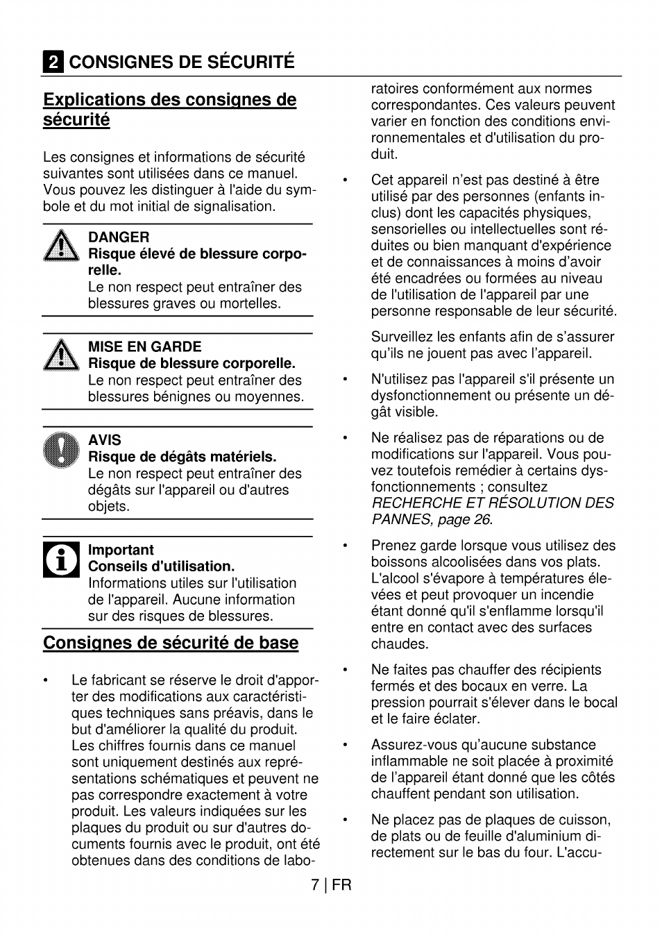 Consignes de securite, Explications des consignes de sécurité, Danger | Mise en garde, Avis, Important, Consignes de sécurité de base, 3 consignes de sécurité, 7 i fr, Danger risque élevé de blessure corpo­ relle | Beko OIM 22301 X User Manual | Page 55 / 75