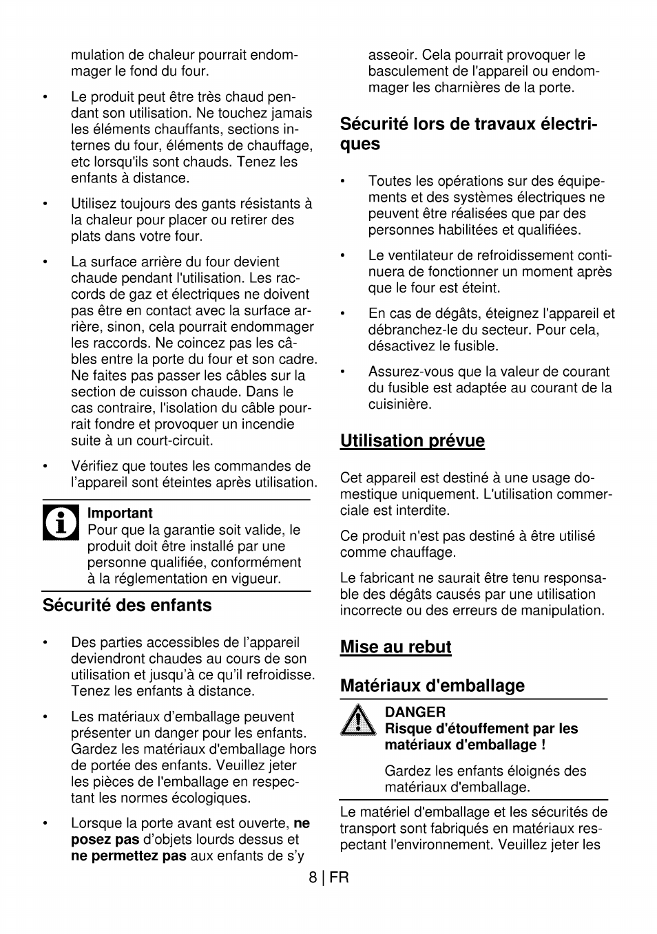 Sécurité des enfants, Sécurité lors de travaux électriques, Utilisation prévue | Mise au rebut matériaux d'embaiiage, Danger, Sécurité lors de travaux électri­ ques, 8|fr | Beko OIM 22301 X User Manual | Page 56 / 75