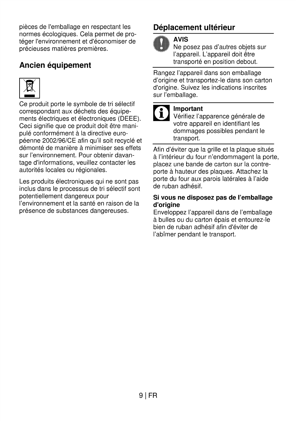Ancien équipement, Déplacement ultérieur, Avis | Important, 9|fr, Si vous ne disposez pas de remballage d'origine | Beko OIM 22301 X User Manual | Page 57 / 75