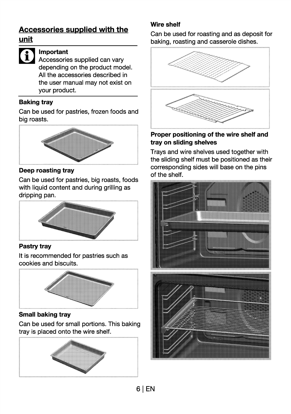 Accessories supplied with the unit, Baking tray, Wire shelf | Beko OIM 22301 X User Manual | Page 6 / 75