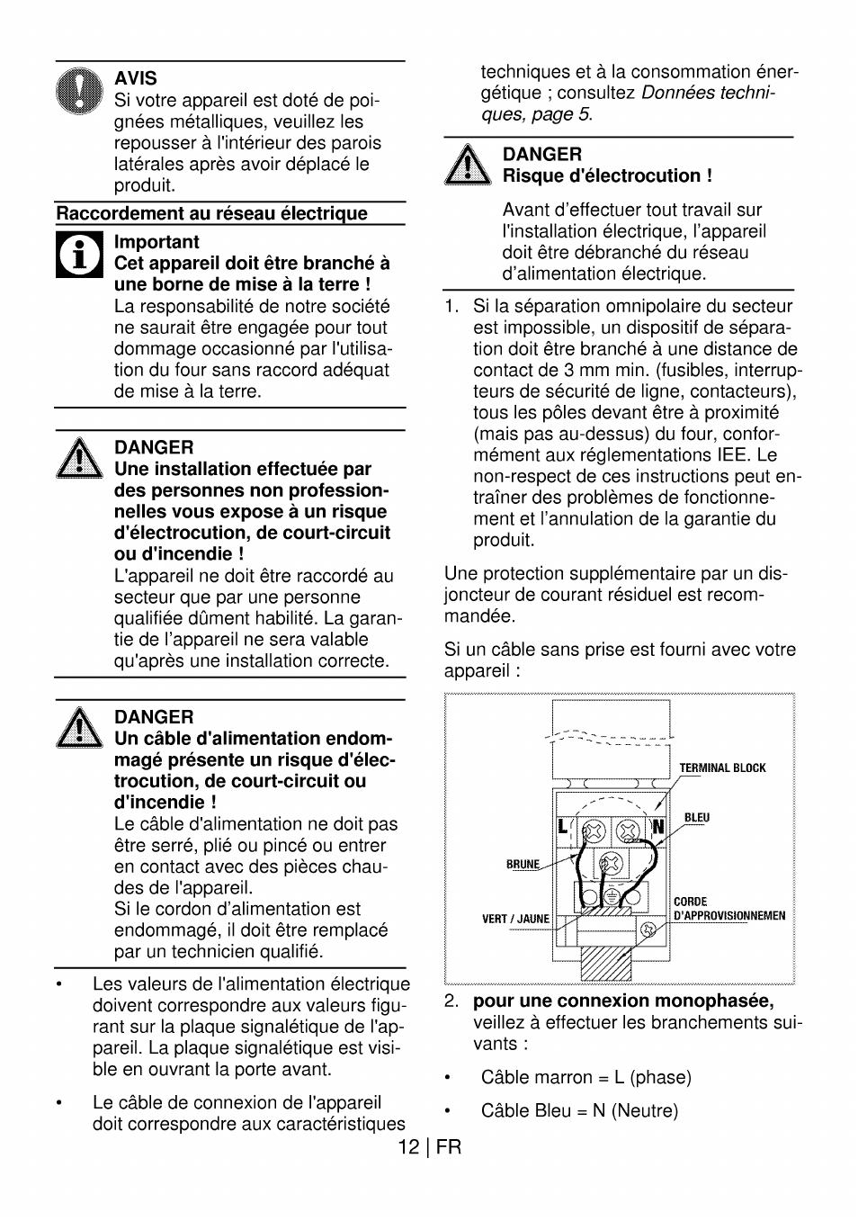 Danger, Pour une connexion monophasée | Beko OIM 22301 X User Manual | Page 60 / 75