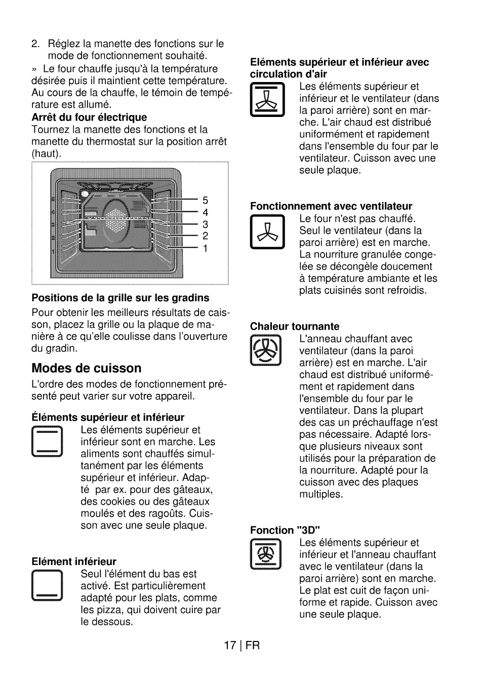 Positions de ia griiie sur ies gradins, Modes de cuisson, Eiément inférieur | Fonctionnement avec ventiiateur, Chaieur tournante, Fonction "3d | Beko OIM 22301 X User Manual | Page 65 / 75