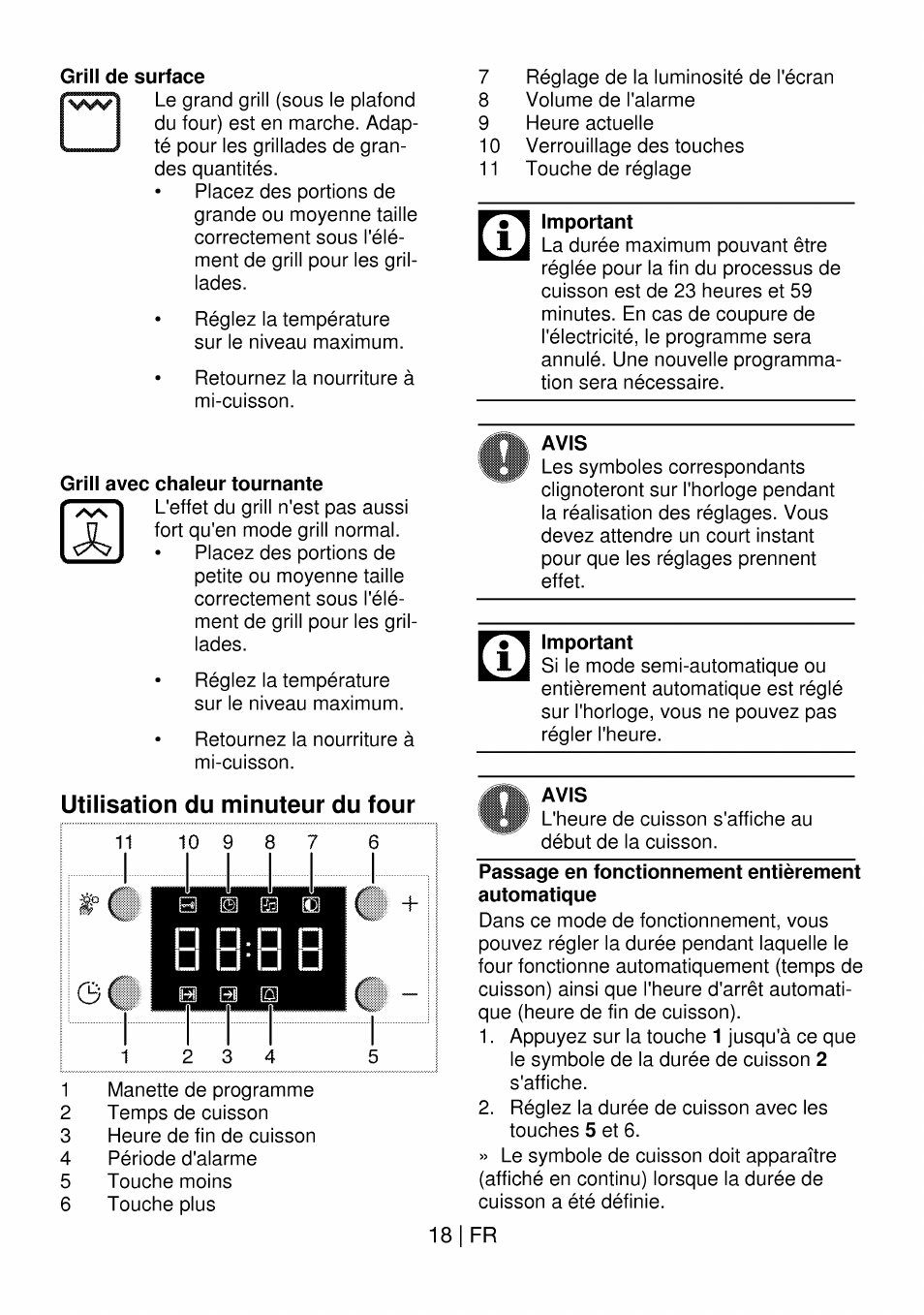 Grill avec chaleur tournante, Utilisation du minuteur du four, Important | Avis | Beko OIM 22301 X User Manual | Page 66 / 75