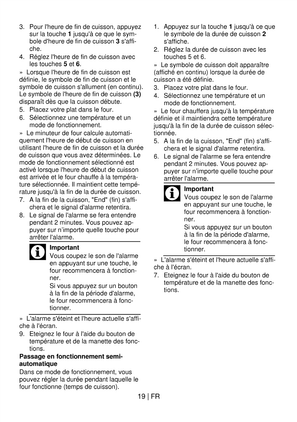 7^ important, 19 i fr, Important | Passage en fonctionnement semi- automatique | Beko OIM 22301 X User Manual | Page 67 / 75