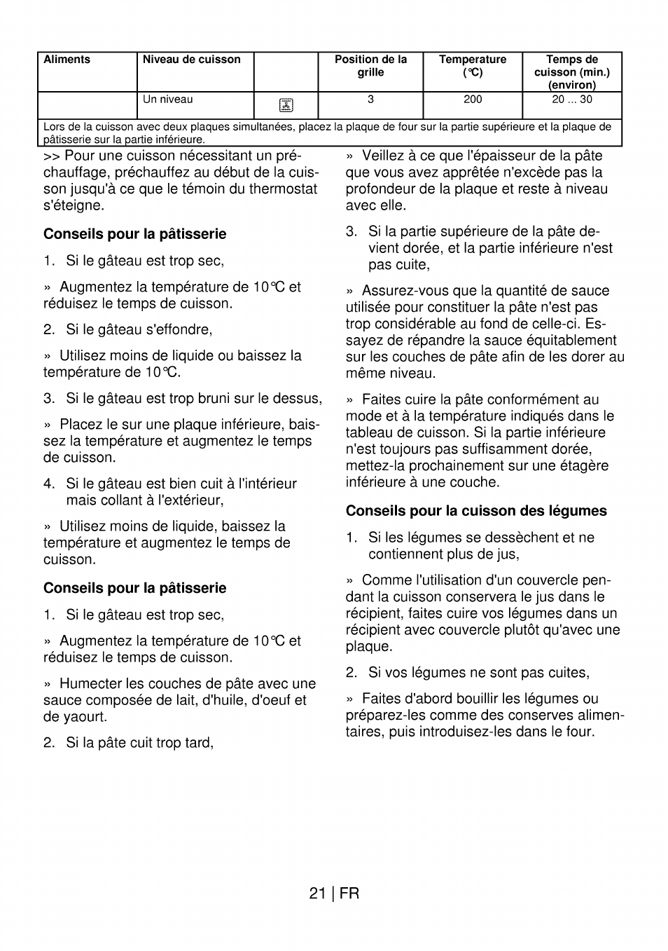 Conseils pour la pâtisserie, Conseils pour la cuisson des légumes, 21 i fr | Beko OIM 22301 X User Manual | Page 69 / 75