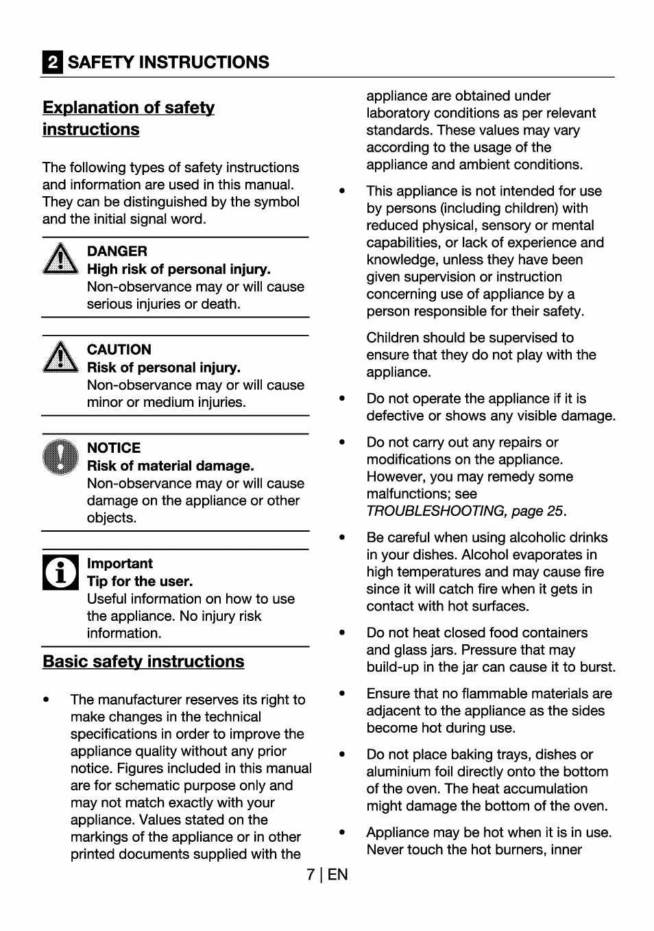 Safety instructions, Explanation of safety instructions, Danger | Caution, Notice, Important tip for the user, Basic safety instructions | Beko OIM 22301 X User Manual | Page 7 / 75