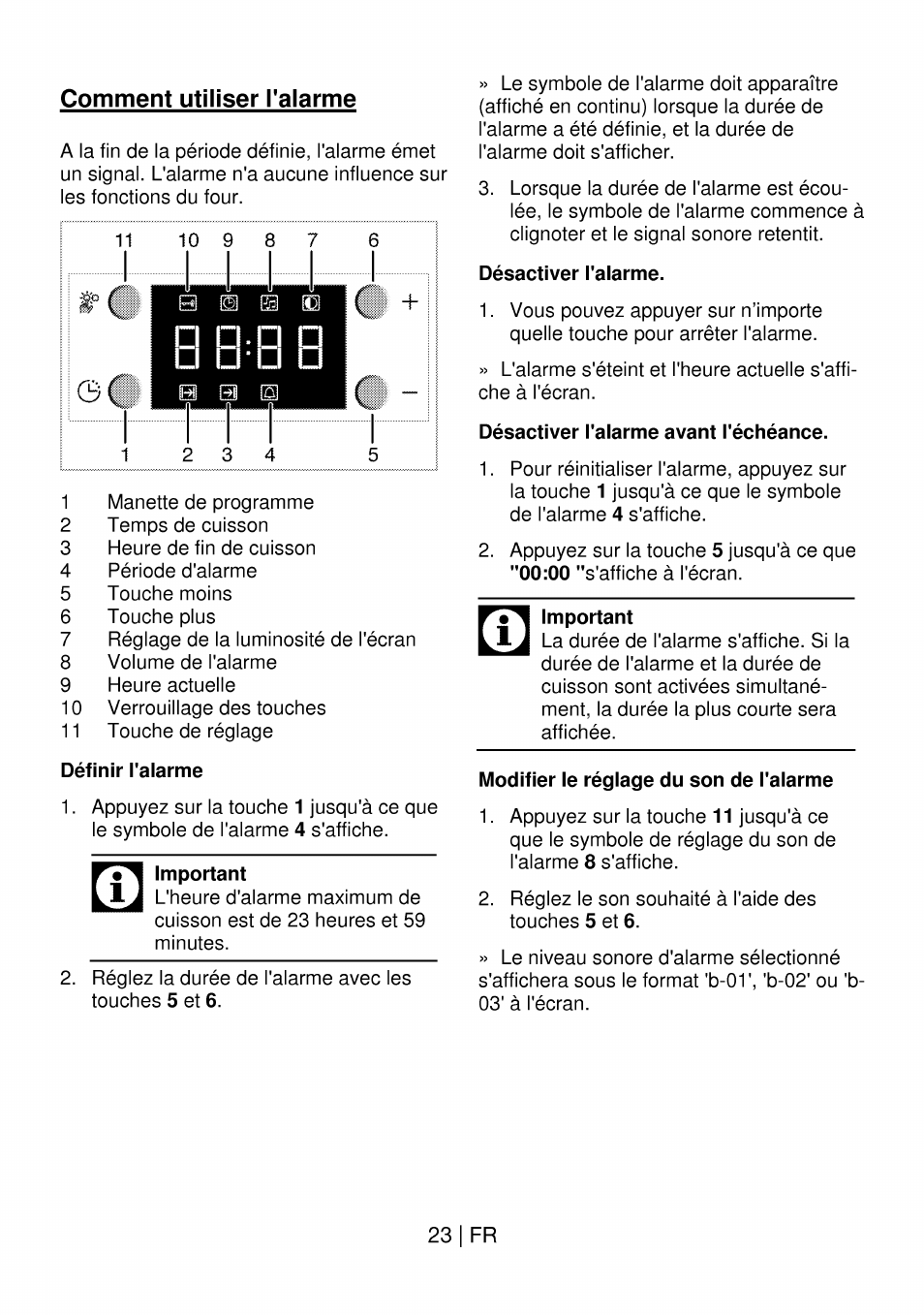 Comment utiliser l'alarme, Définir i'aiarme, Important | Désactiver i'aiarme, Désactiver i'aiarme avant i'échéance, Modifier ie régiage du son de i'aiarme, 23 i fr | Beko OIM 22301 X User Manual | Page 71 / 75