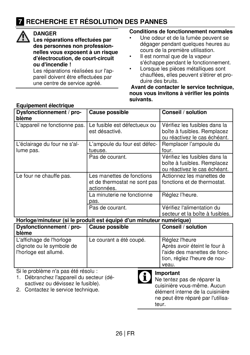 Recherche et resolution des pannes, Danger, Conditions de fonctionnement normales | Important, 26| fr | Beko OIM 22301 X User Manual | Page 74 / 75