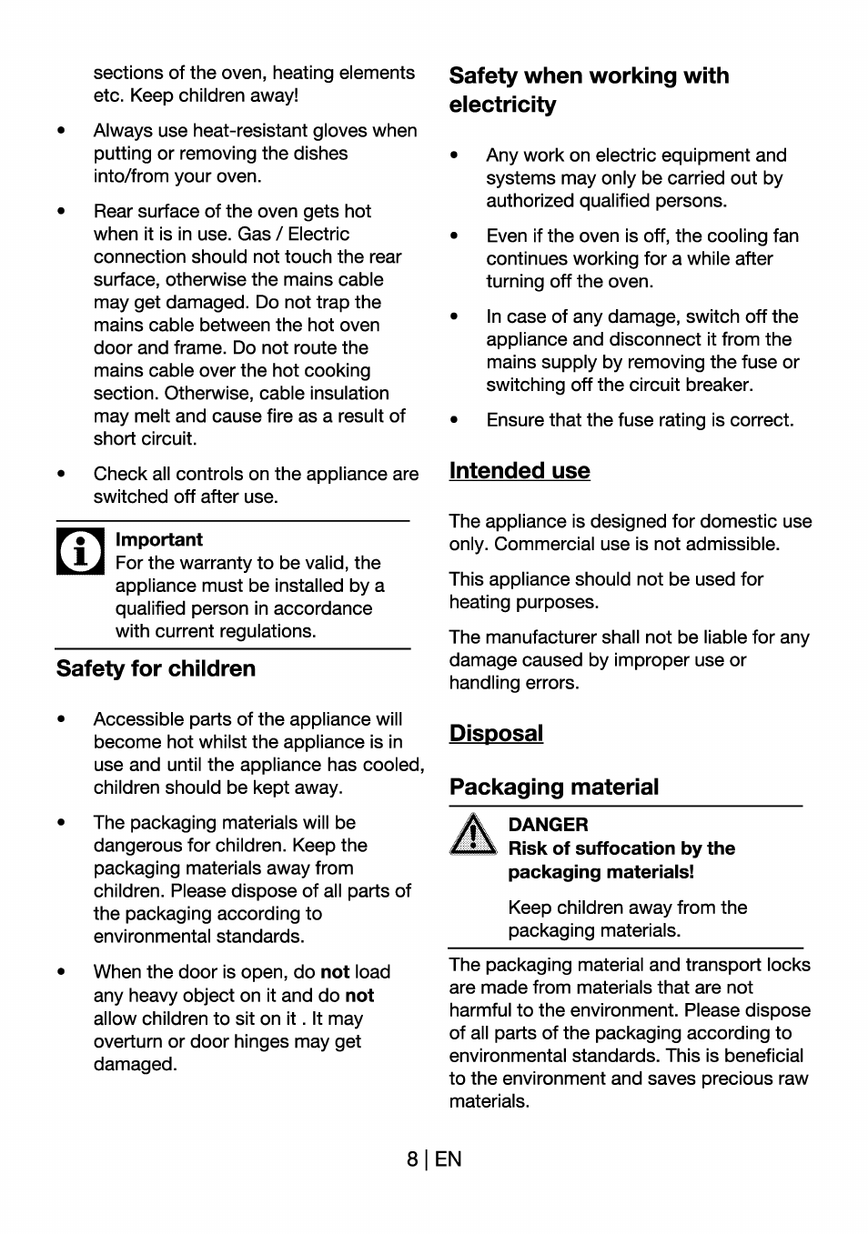 Important, Safety for children, Safety when working with electricity | Intended use, Disposal, Packaging material, Danger | Beko OIM 22301 X User Manual | Page 8 / 75